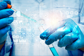 Scientist hand with pipette dropping liquid into test tube in laboratory with futuristic digital interface