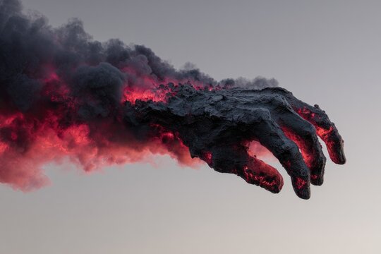 A large, dark hand, seemingly made of volcanic rock, emerges from a cloud of fiery smoke against a pale sky