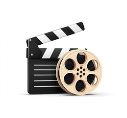 Movie clapperboard and film reel on white