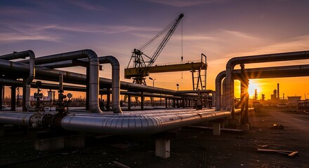Massive metal pipelines and a large crane dominate the landscape at sunset, highlighting the industrial scene.