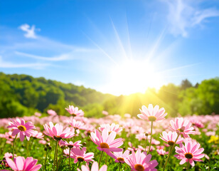 Obraz premium Sunlit pink daisy flowers in a lush meadow with a bright blue sky