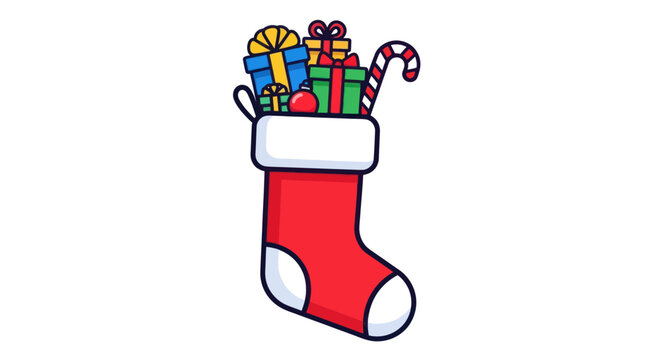 A cartoon illustration of a red Christmas stocking filled with colorful presents and a candy cane.