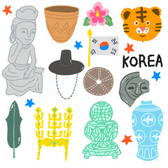 유물 박물관 손그림 일러스트 한국 호랑이 갓 향로 도자기 불상 무궁화 태극기  