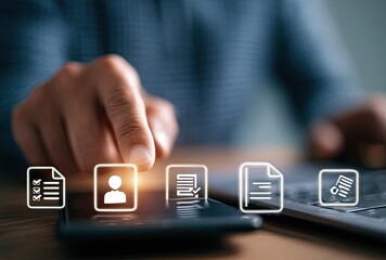 Close-up of a person interacting with a mobile device displaying digital documents