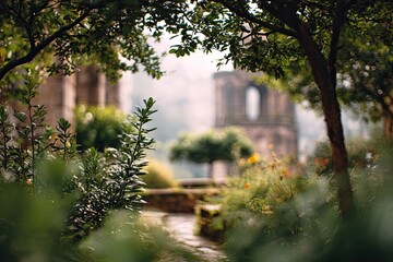 Obraz premium Garden path through trees, misty view