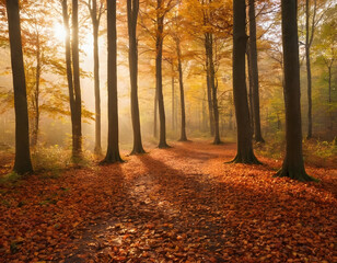 Fototapeta premium Autumn trees and mist in woodland at sunrise.