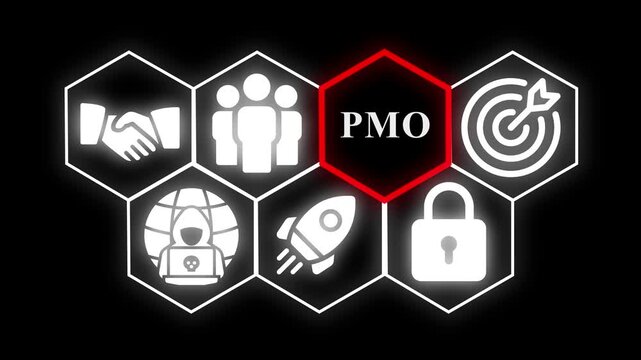 Business concept icons handshake team target rocket hacker lock PMO in hexagons on black background