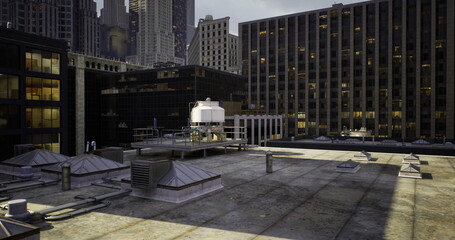 A rooftop showcases multiple cooling units and a flat surface overlooking surrounding tall buildings as the sun sets, creating a serene yet industrial atmosphere in an urban landscape.
