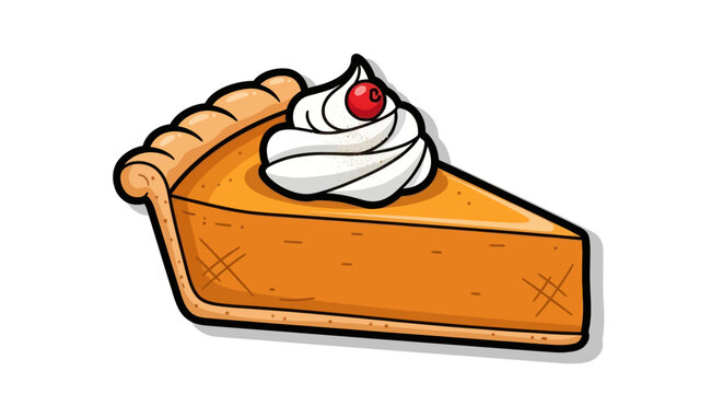 Illustrated slice of autumn pumpkin pie topped with whipped cream and a single cherry.
