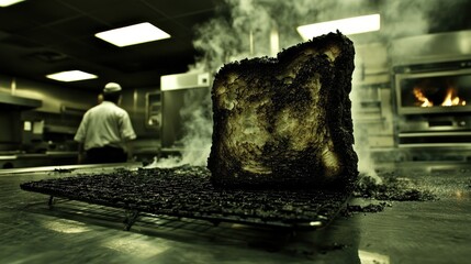 The charred remains of toast sit smoking on a rack in a professional kitchen environment