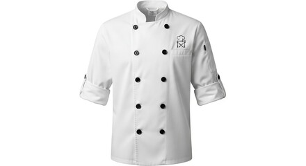 White double-breasted culinary uniform with black buttons stand-up collar rolled sleeves and embroidered kitchen tools on the left chest