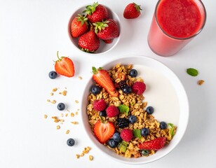 Healthy breakfast bowl with yogurt, granola, fresh strawberries, blueberries, raspberries, blackberries, and a glass of strawberry smoothie on white background.