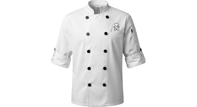 White double-breasted culinary uniform with black buttons stand-up collar rolled sleeves and embroidered kitchen tools on the left chest
