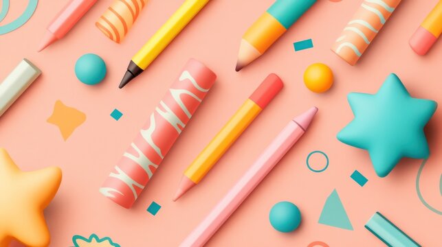 Colorful stylized pencils and shapes arrangement against a soft pink background
