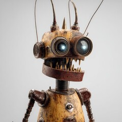Close-up of a rusty, antique-looking robot head and upper body.  Glowing blue eyes, jagged teeth, and spiky antennae