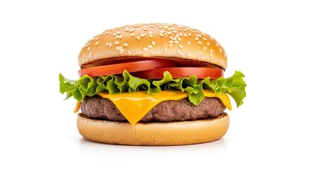 A classic hamburger with a sesame seed bun beef patty melted cheese crisp green lettuce and two red tomato slices on a white background