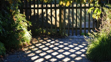 Ethereal interplay of light and shadow creating a captivating garden scene by the fence