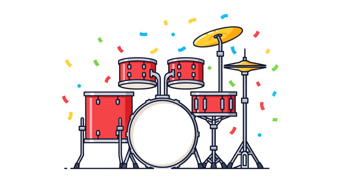 A vibrant red drum kit with cymbals and confetti.