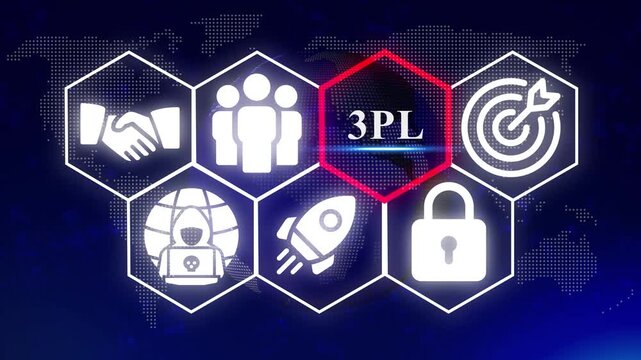 Third Party Logistics 3PL Icons with World Map Background and Hexagonal Network supply chain
