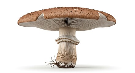 A detailed brown mushroom with visible gills and a textured stem featuring a basal root system stands isolated on a white background