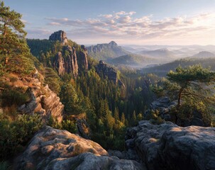 Majestic mountain vista at sunrise
