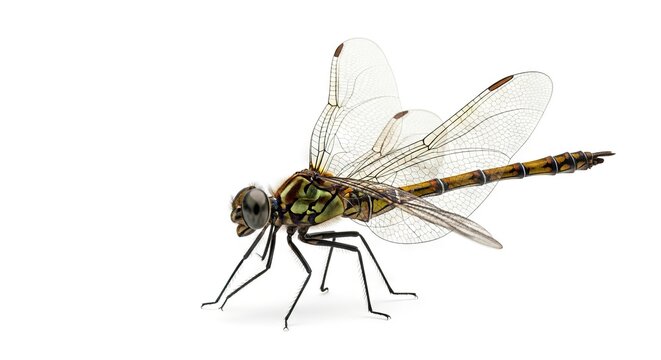 A detailed side profile of a dragonfly with transparent wings and a segmented body standing on a white background with its legs extended