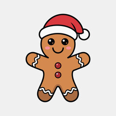 Cute gingerbread man wearing Santa hat festive holiday illustration, Christmas cookie cartoon character design for greeting cards, decorations, and celebrations.