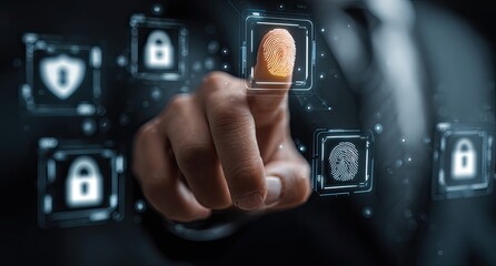 A hand touches a digital fingerprint scanner interface