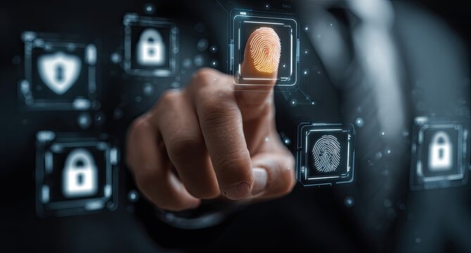 A hand touches a digital fingerprint scanner interface