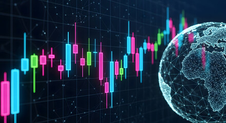 Futuristic Crypto Trading Chart with Digital Globe and Market Data Visualization