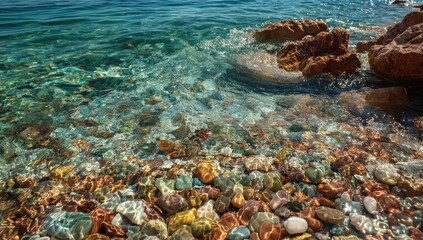 Clear, shallow water over colorful pebbles