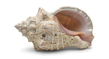 A large textured seashell with a prominent spiral and a smooth iridescent inner opening set against a plain white background with a soft shadow
