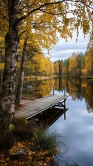 Serene lake scene with wooden pier during golden hour ideal for meditation and wellness imagery
