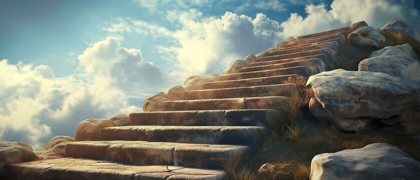 Stone stairs ascending through clouds towards sunshine, symbolic growth and progress concept representing life path or professional journey with each step towards higher goals