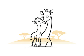Adorable Giraffe Mom and Baby: Loving Embrace in the African Savannah Illustration, Perfect for Children's Books and Educational Resources, Vector Drawing