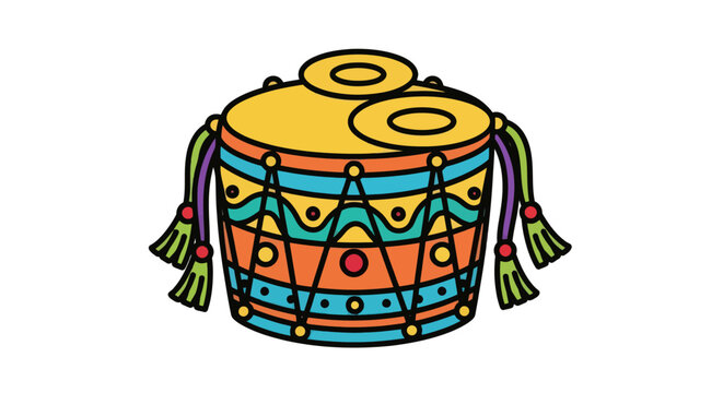 Colorful cartoon illustration of a traditional decorated dhol drum with cymbals and tassels.