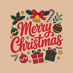 Merry Christmas typography design with festive ornaments, holly leaves, candy cane, gift boxes, stars, bell, and holiday celebration decoration.