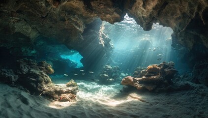 Sunbeams illuminate an underwater cave