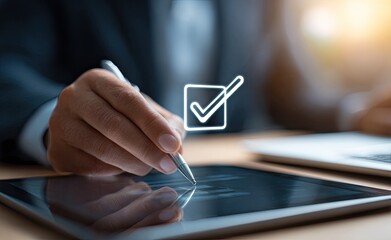 Businessperson using tablet with checkmark