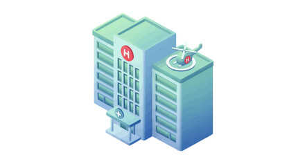 Isometric Illustration of Modern Hospital Building with Helipad.