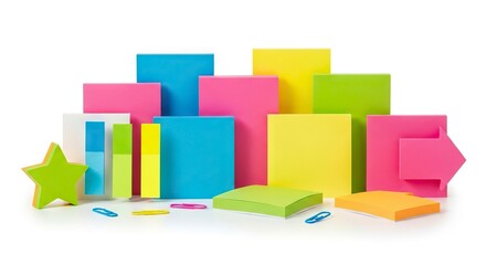 Colorful blocks of sticky notes in various sizes and shapes including a star and an arrow with paper clips on a white surface