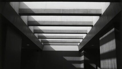 Fototapeta premium Monochrome Concrete Interior with Clean Lines and Geometric Shadows, Illuminated by Natural Skylight