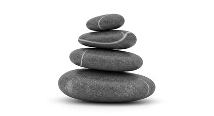 A stack of four smooth grey oval-shaped stones with distinct white stripes balanced one atop the other on a white background