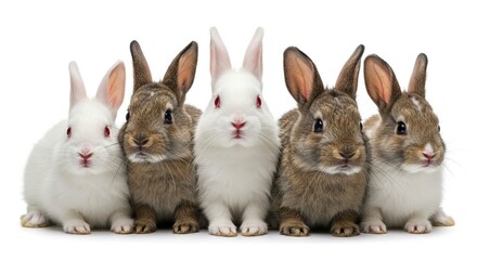 Fototapeta premium Five small rabbits sit in a row on a white background with two white one white with red eyes and two brown ones facing forward