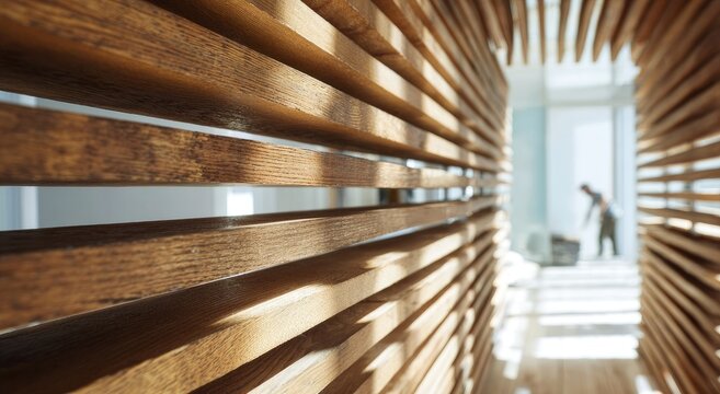 Wooden slatted partition in a modern interior