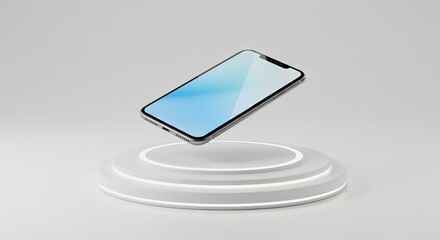 Mobile device with a blue-tinted screen floating above a glowing white tiered display podium on a light gray background