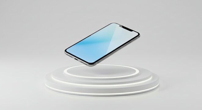 Mobile device with a blue-tinted screen floating above a glowing white tiered display podium on a light gray background