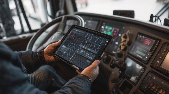 Truck driver using digital tablet with navigation map technology for route planning, logistics management, and modern transportation industry.