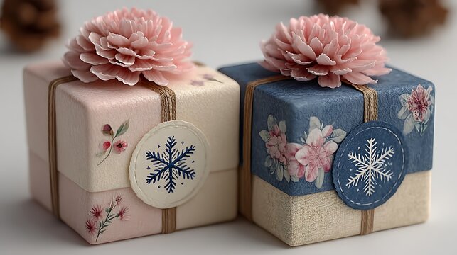 Two Decorative Gift Boxes with Floral and Snowflake Embellishments Keywords: gifts, presents