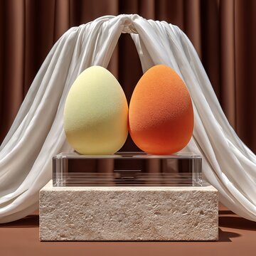 Two makeup sponges on a stone pedestal with draped fabric Keywords: makeup, sponges, beauty